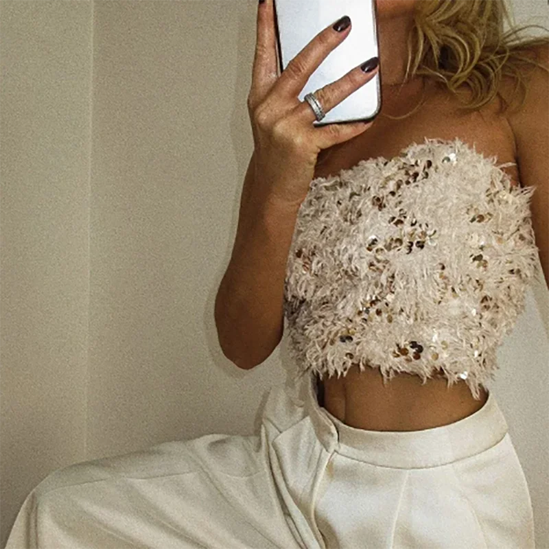 Sequin Corset Top With Faux Fur