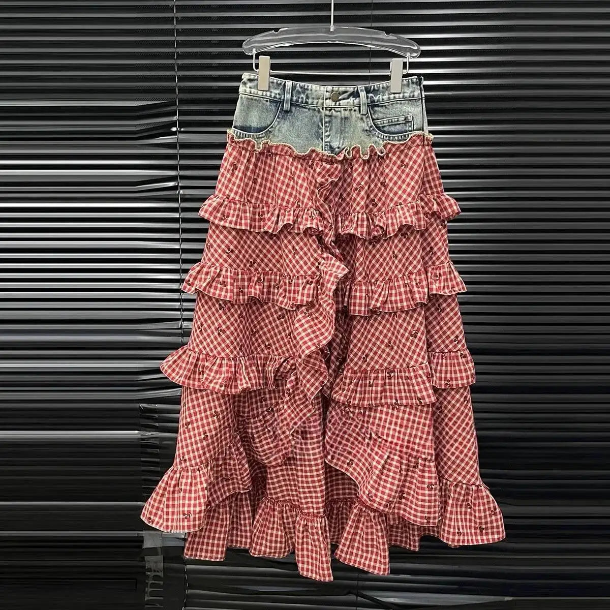 ANJY Spring Summer New Women Fashion Vintage Plaid Patchwork Denim Multi-layered Skirt Sweet Drawstring Short Sleeve Tops A24530