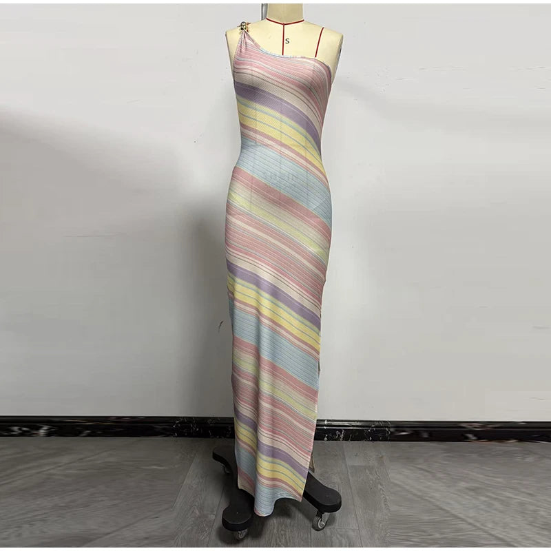 Elegant One Shoulder Printed Mid-Calf Dress for Women