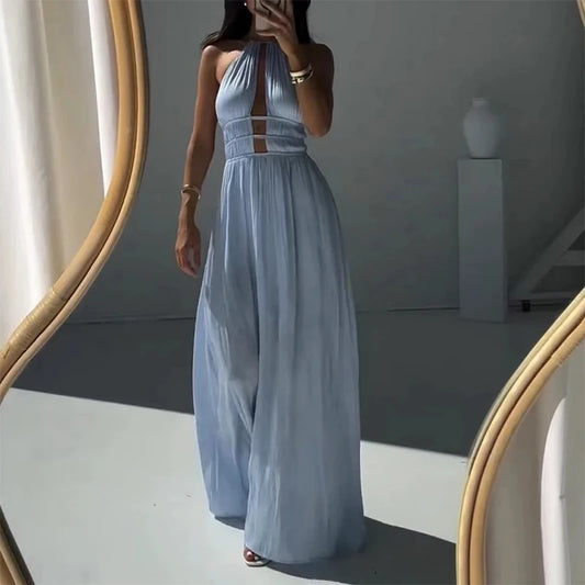 Halter Pleated Solid Maxi Dress