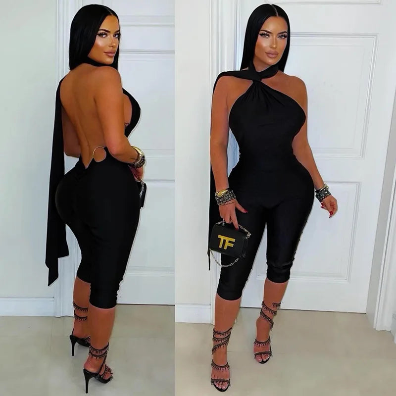 Sexy Ruched Backless Halter Bandage Jumpsuit for Women