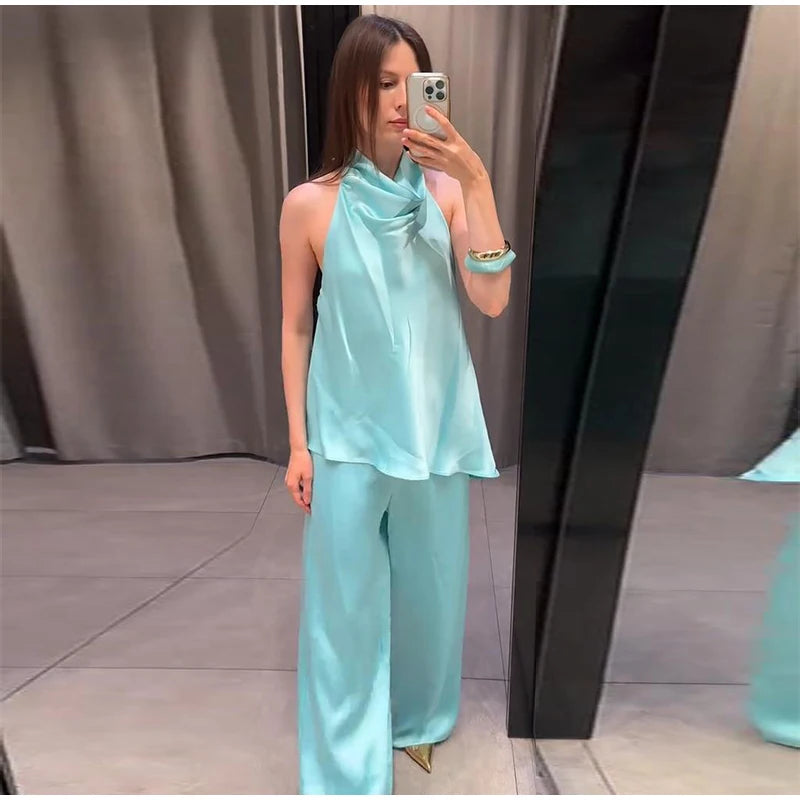 Turquoise Satin Cowl Neck Halter Top And Wide Leg Pants 2 Piece Set For Women