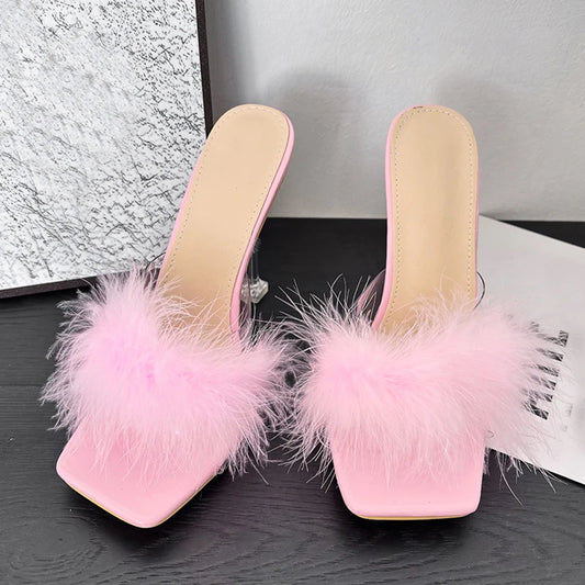 Pink Faux Fur Square Toe Heeled Slides