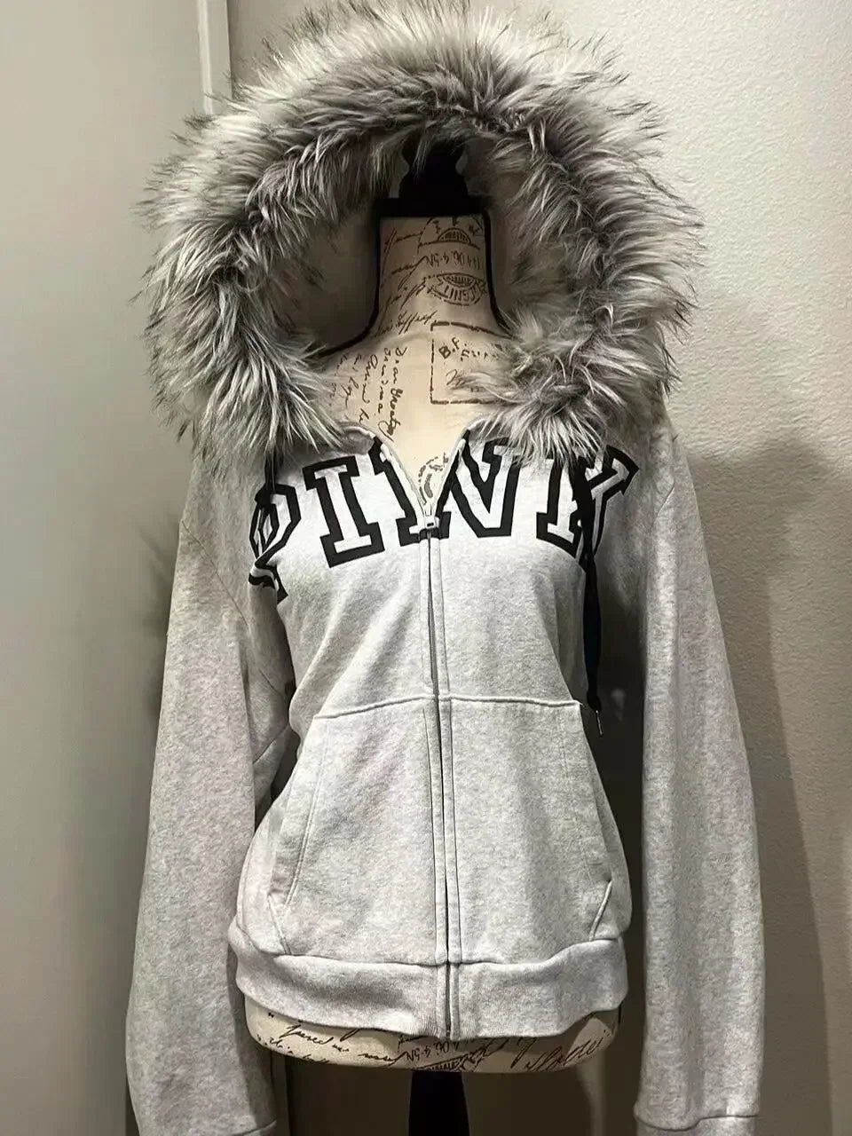 American vintage blue sweatshirt casual Y2K slim-fitting cardigan jacket for women Gothic style street wear for autumn winter