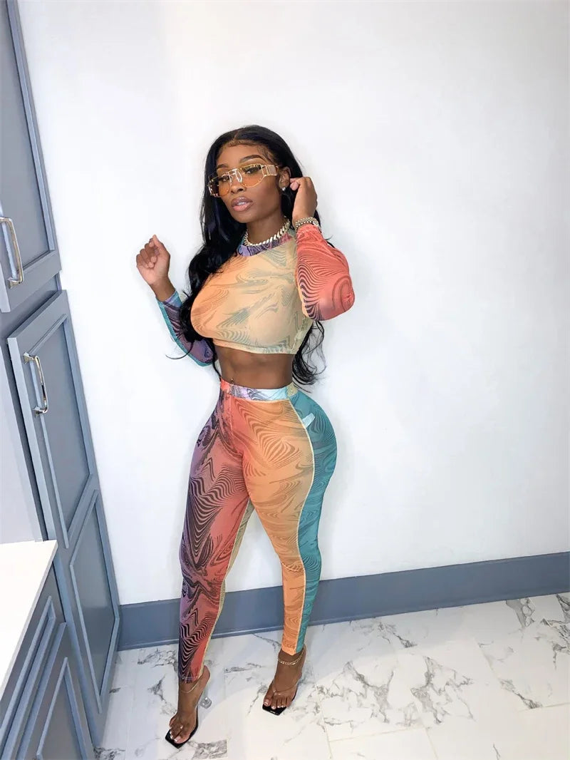 Printing 2 Piece Outfit Set Women Clothing Sportwear Fitness Skinny Long Sleeve Top and Pants Leggings Matching Sets Tracksuit