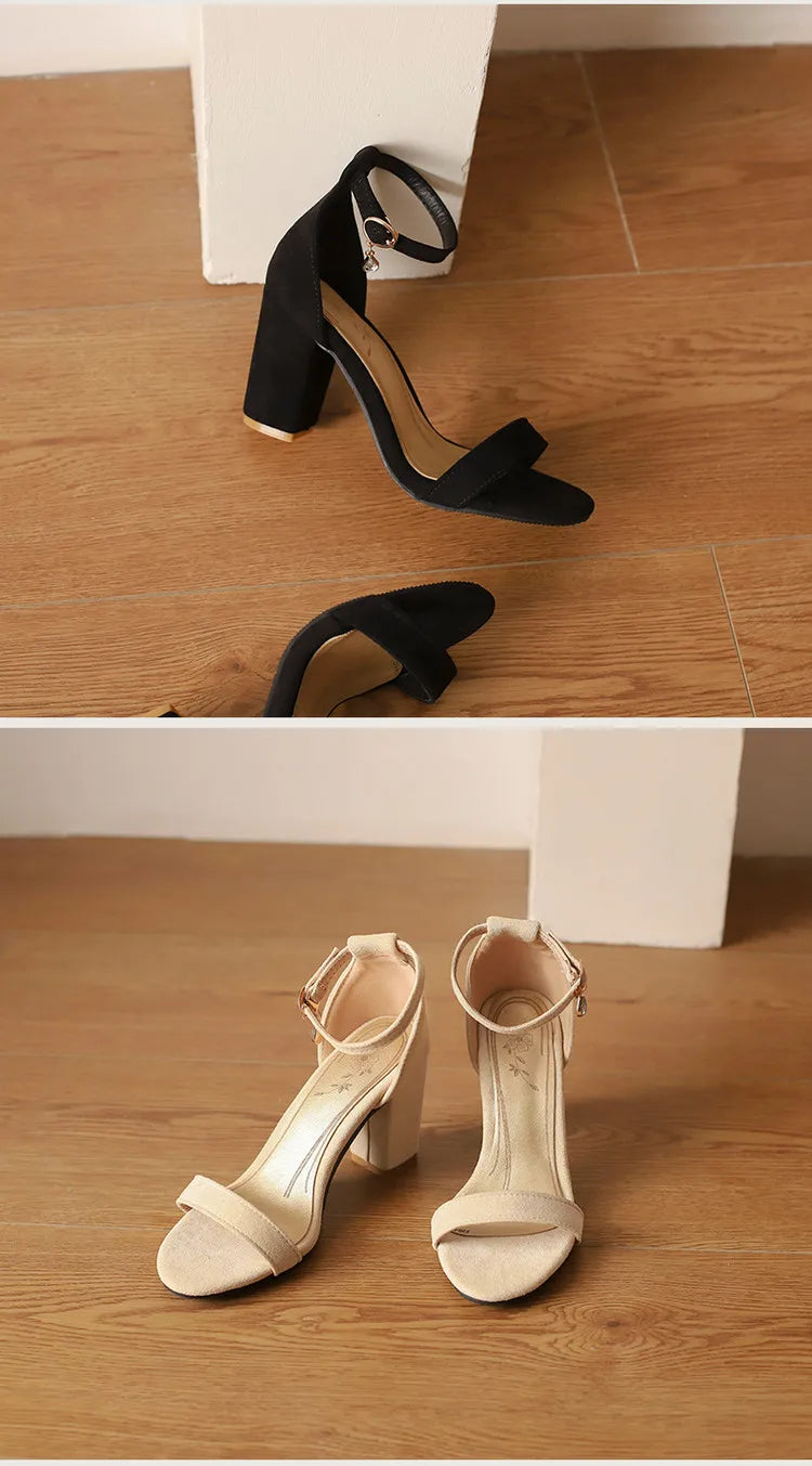 Beige Suede Rhinestone Block Heel Sandals