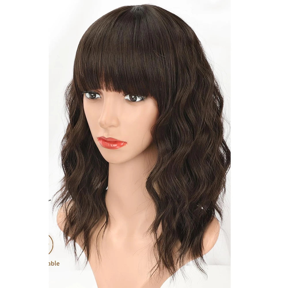 Natural Brown Synthetic Curly Wavy Bob Wig With Bangs For Women