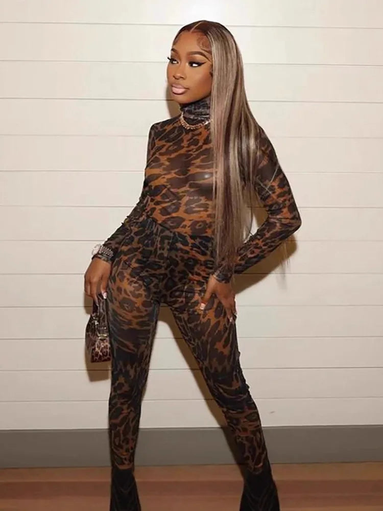 Leopard Print Mesh Flowy Long Sleeve Jumpsuit for Women