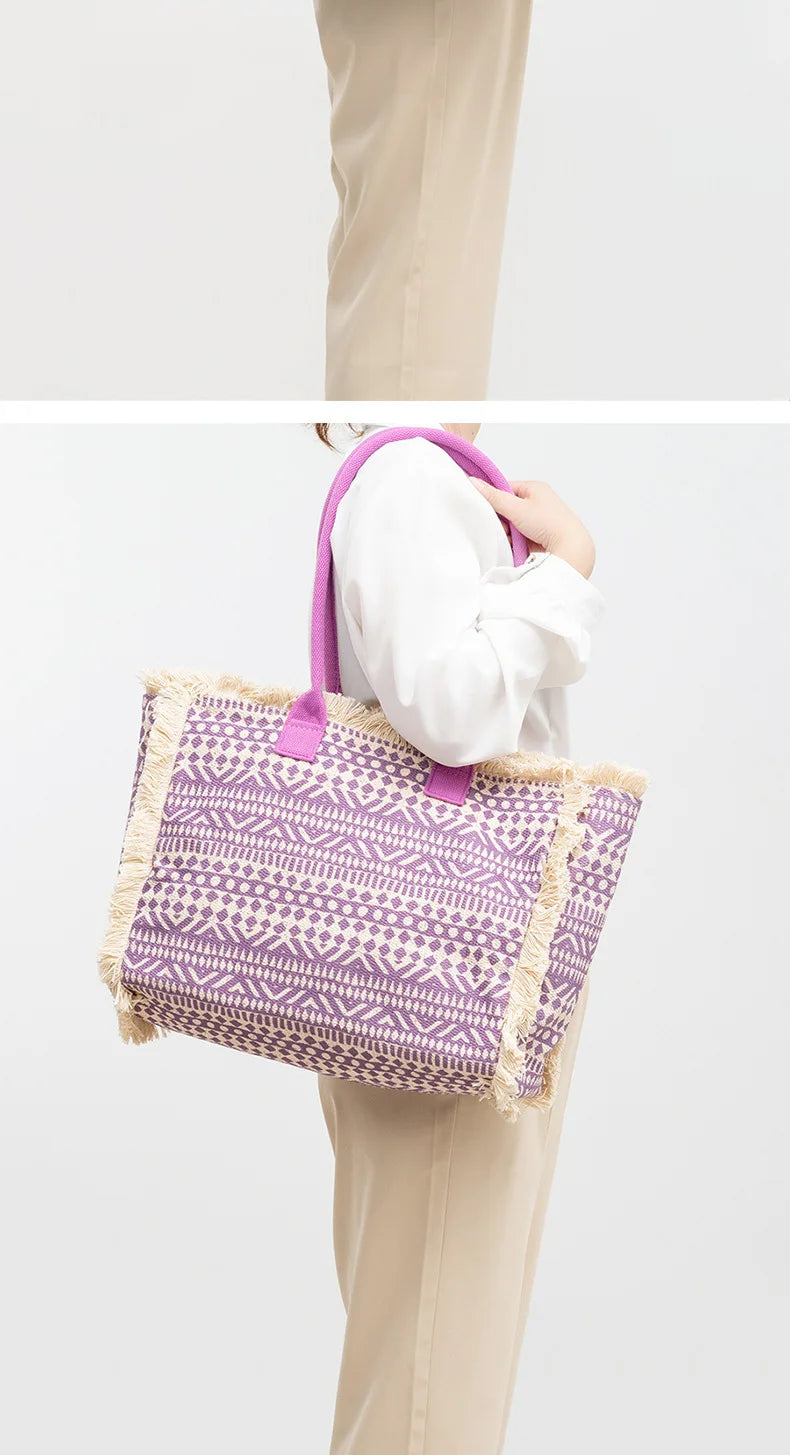 Tote bag Bohemian retro shoulder bag Zipper handbag Large capacity canvas bag Women's summer