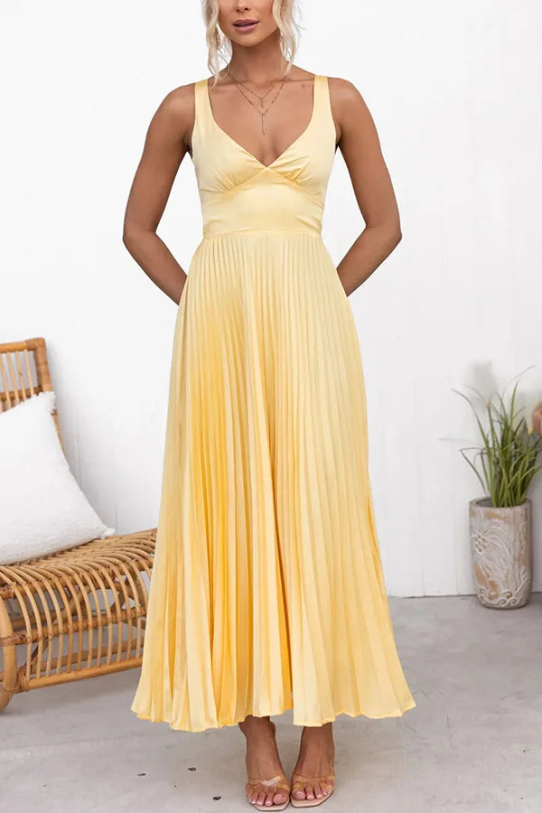 Fashion V-Neck Holiday Long Dress Summer Elegant Strap Loose Solid Sleeveless Party Dress Women High Waist Solid Pleat Dresses