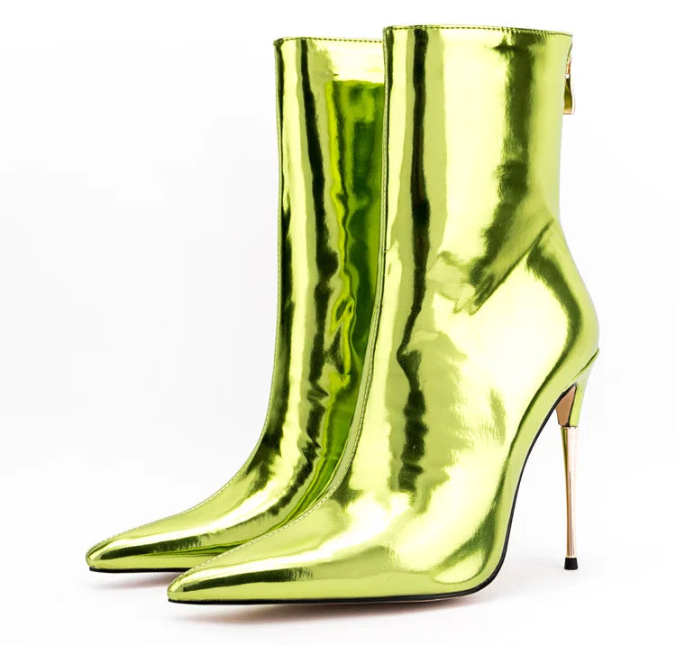 Shiny Blue Mirror Stiletto Boots with Side Zipper for Women