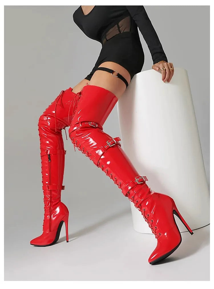 Modern Elegant Pointed Stiletto Heel Thigh High Leather Boots For Women