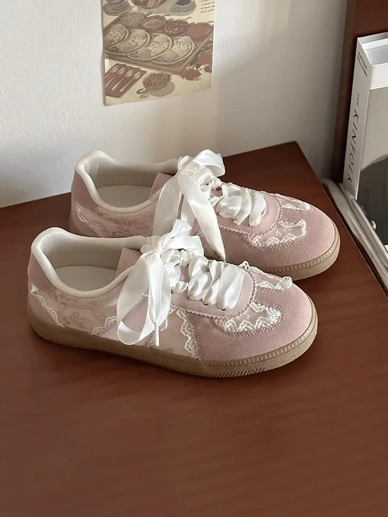 Cream French Lace Satin Ribbon Vintage Sneakers For Women