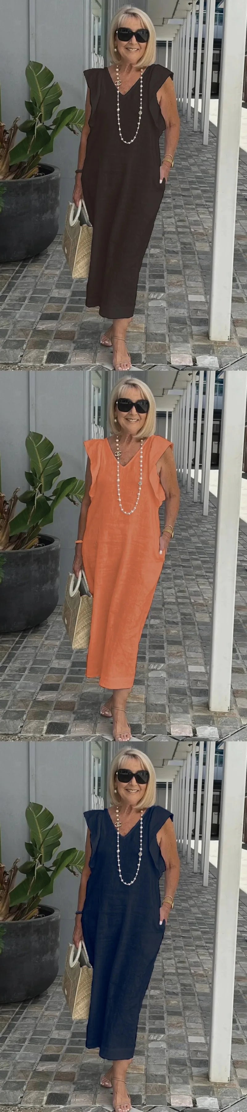 Back Tie Flutter Sleeve Ankle Length Linen Dress for Women