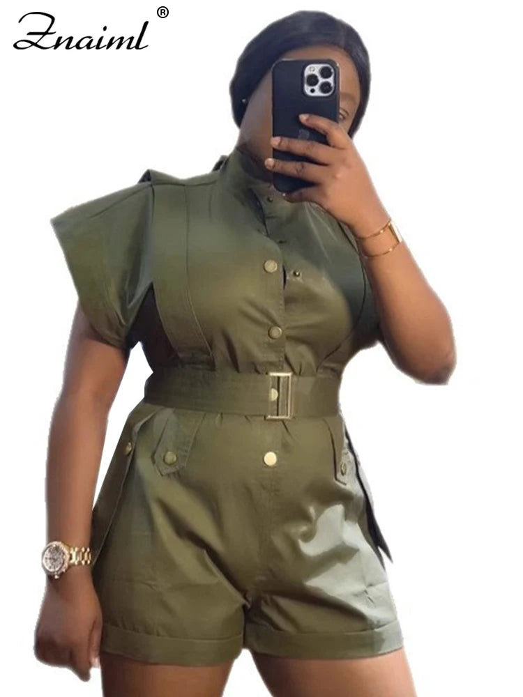 Znaiml Summer Wide Leg Pants Playsuits Rompers with Belt Women Jumpsuit Shorts Black Short Sleeve Elegant One Pieces Overslls