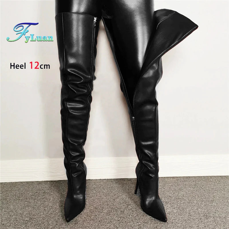Fashion Leather Side Zipper Pointed Toe Stiletto Over The Knee Boots for Women