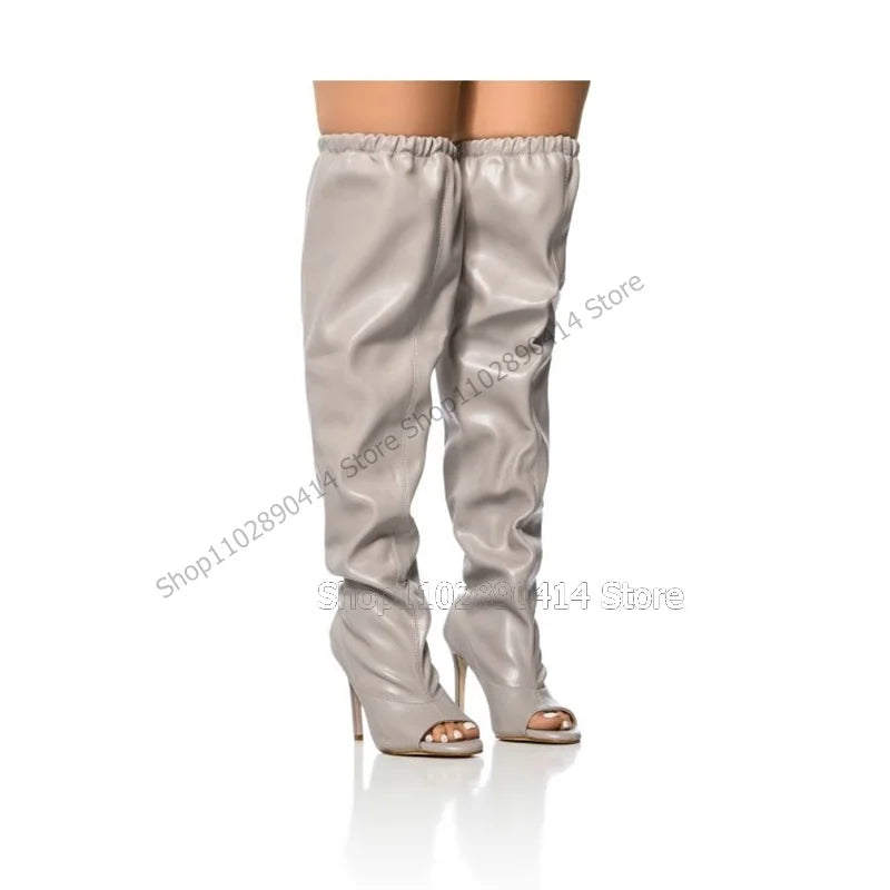 Gray Elastic Pleated Open Toe Thigh High Boots For Women