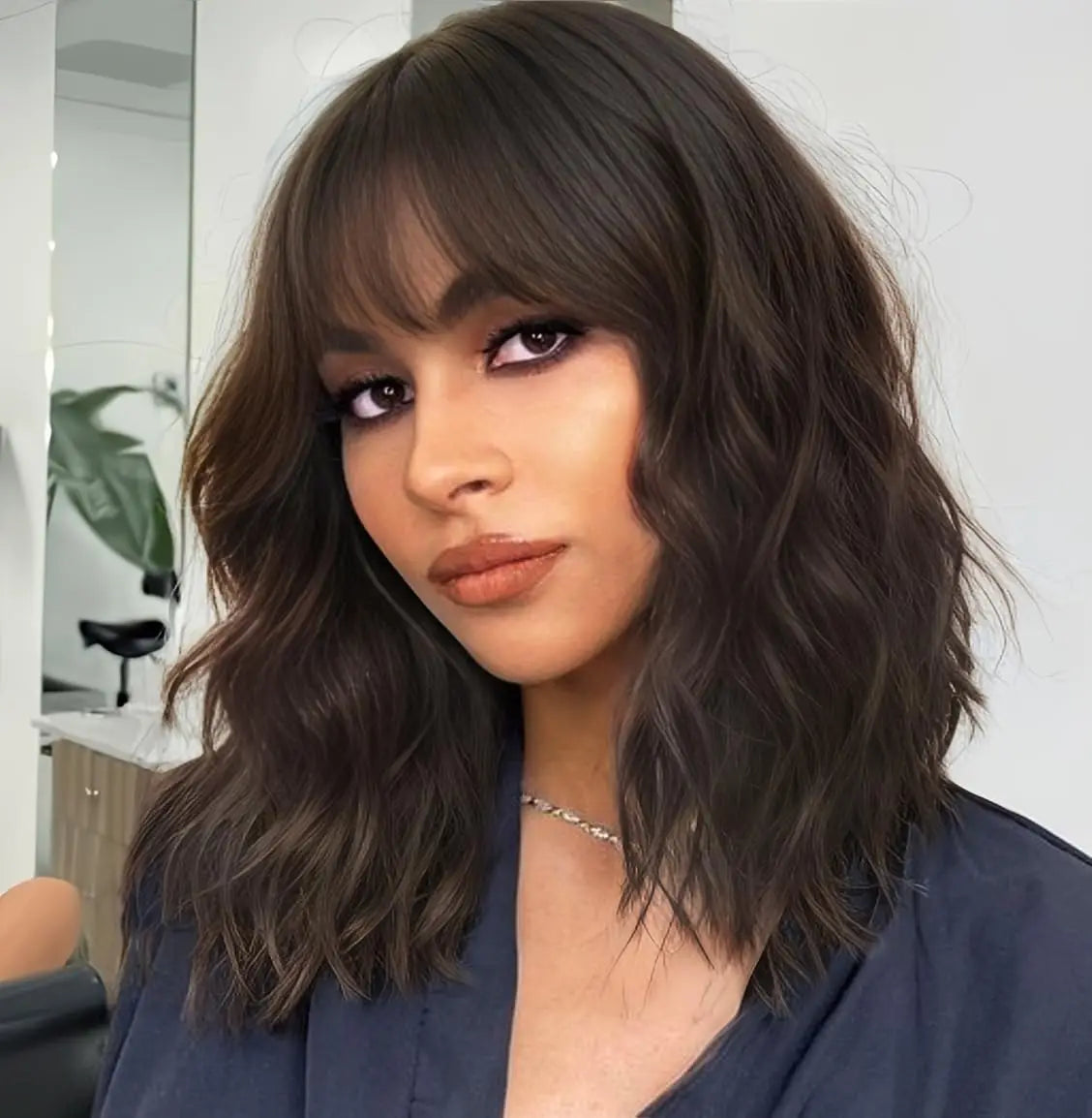 Natural Brown Synthetic Curly Wavy Bob Wig With Bangs For Women