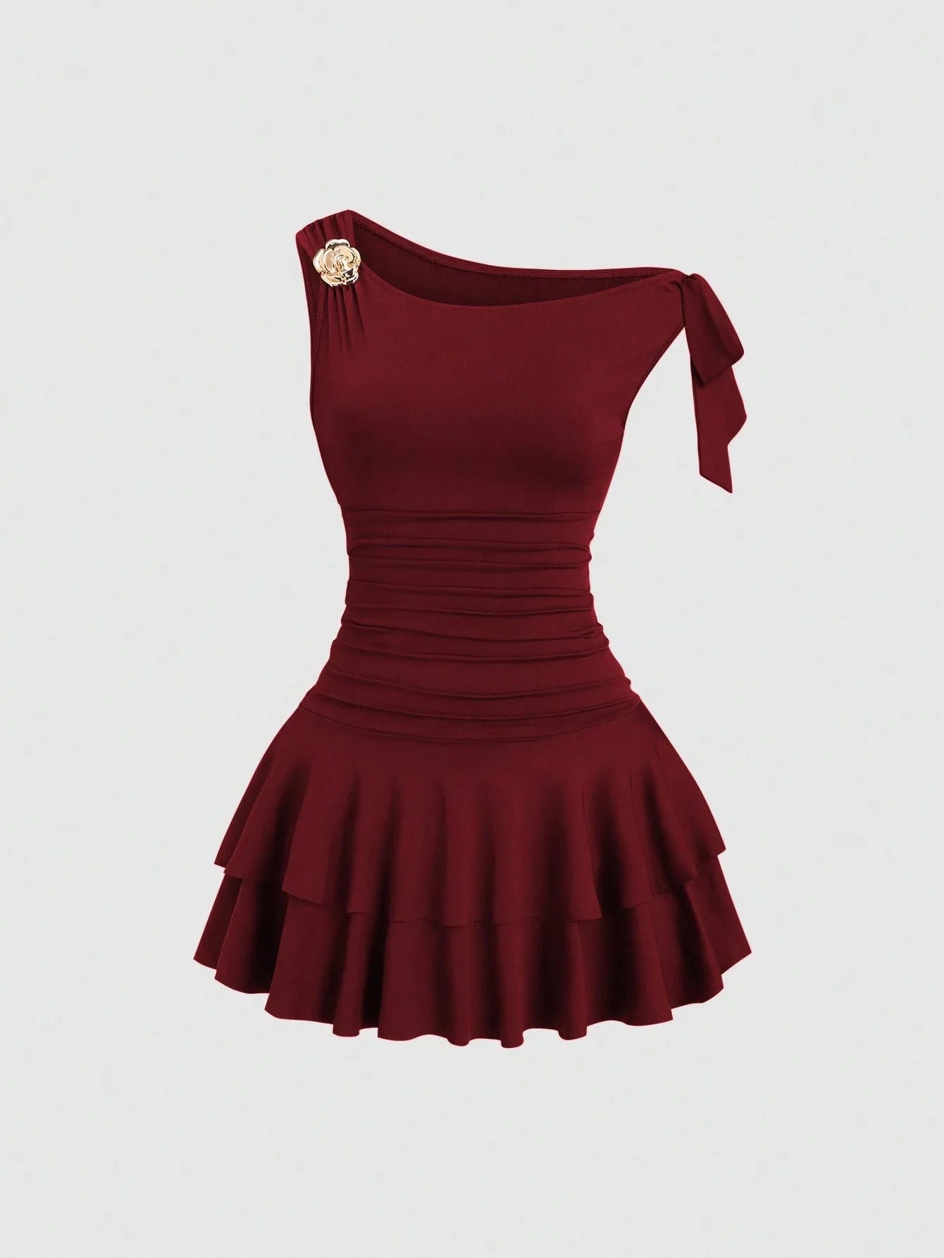 One Shoulder Layered Ruched Floral Mini Dress for Women