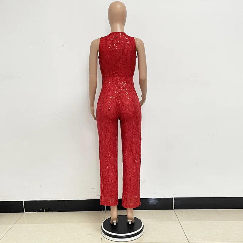 Elegant Silver Sequined Straight Cut Jumpsuit for Women
