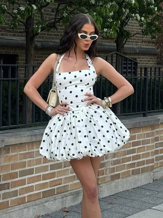 TARUXY Polka Dot Vacation Mini Dress For Women  High Waist A-line Ball Gown Dress Sleeveless Halter Neck Female Summer Fashion