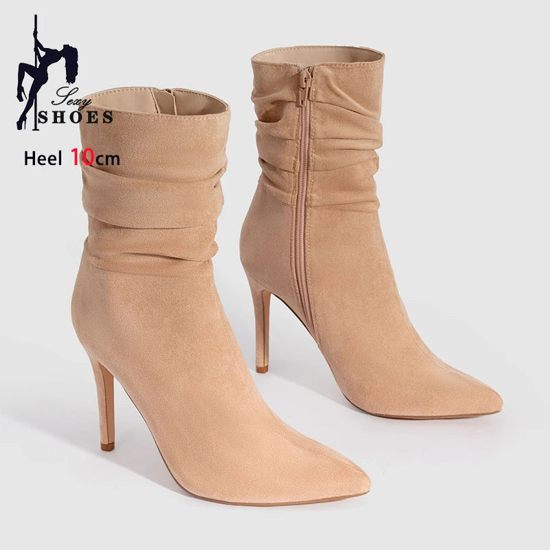 Pointed Toe Suede Ankle Boots With Side Zipper for Women