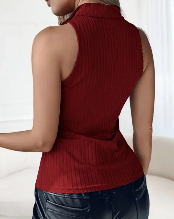 Ribbed Stretch Tank Top With Stand Collar and Zipper for Women
