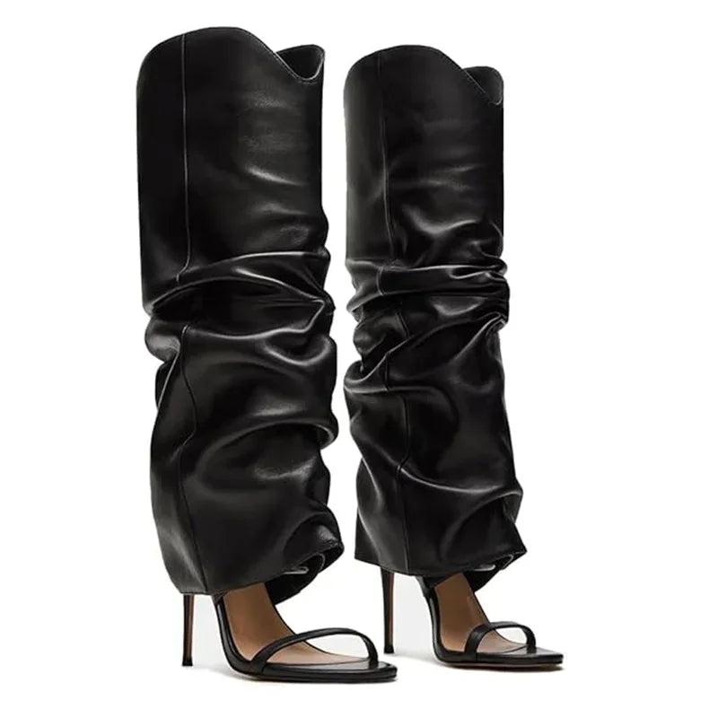 Pointed Toe Knee High Thin Heel Leather Boots for Women