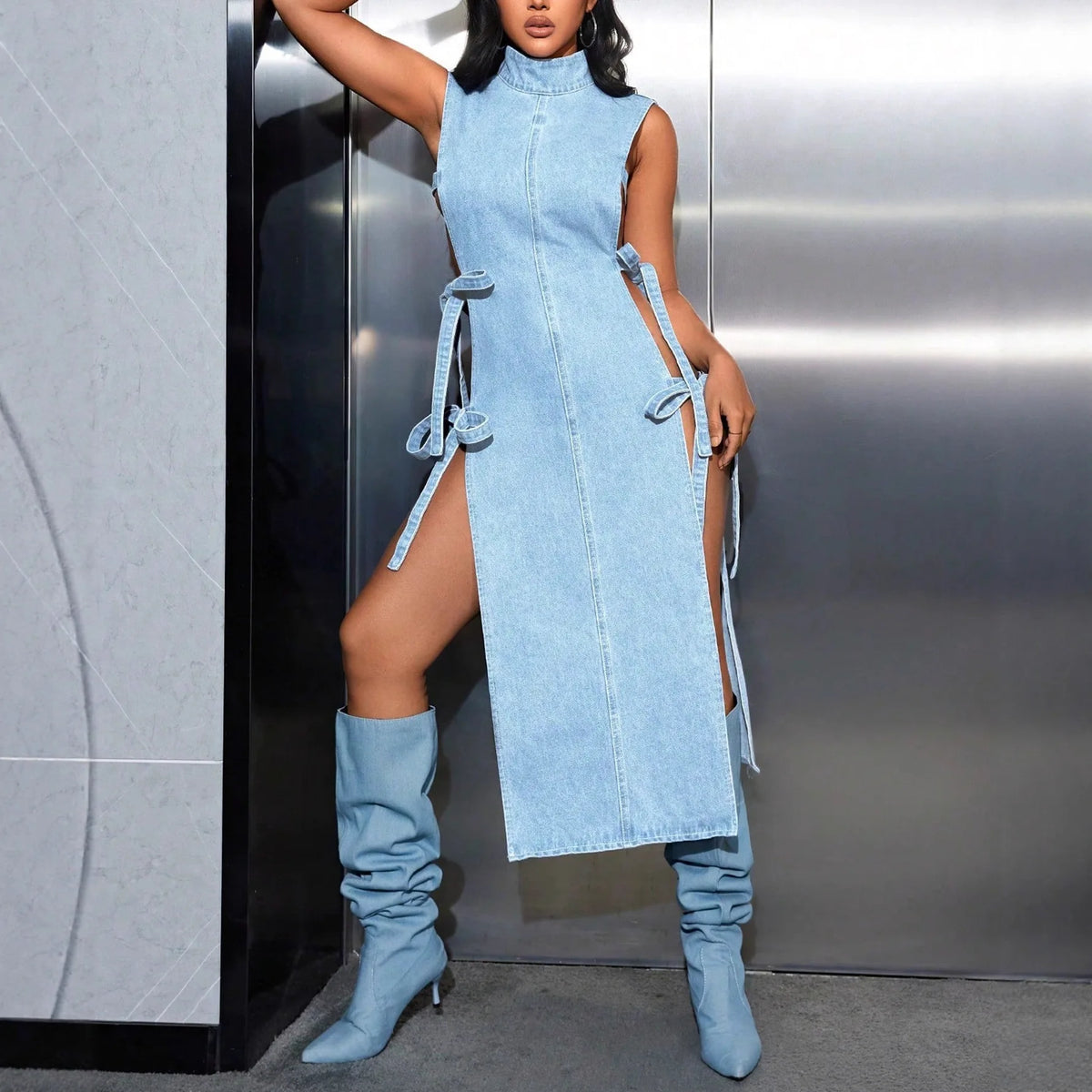 Light Blue Sleeveless Turtleneck Denim Dress for Women
