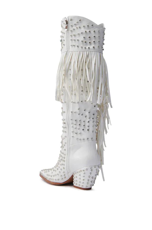 2025 Diamond Fringes Western Boots Women Sparkly Block High Heels Crystal Trim Shoes Ladies Winter Pointed Toe Knee High Boots