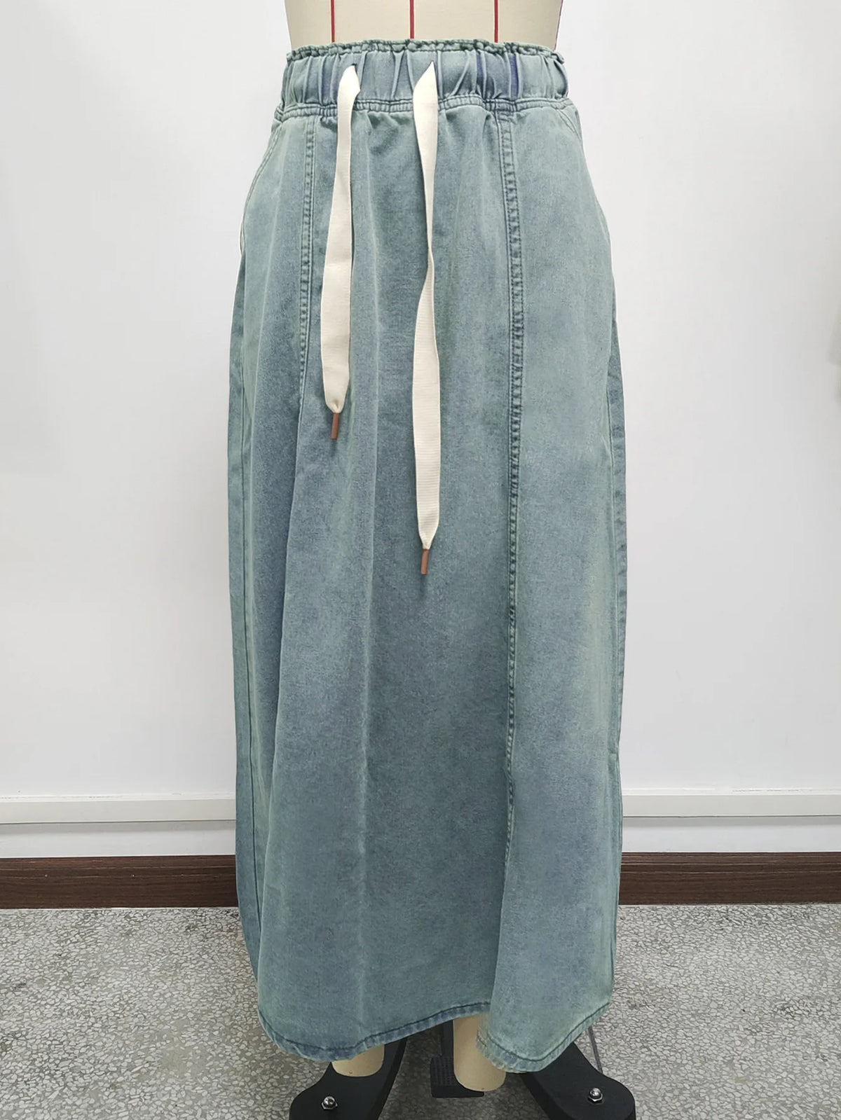 Elastic Waist Lace Up Loose Casual Denim Maxi Skirt for Women