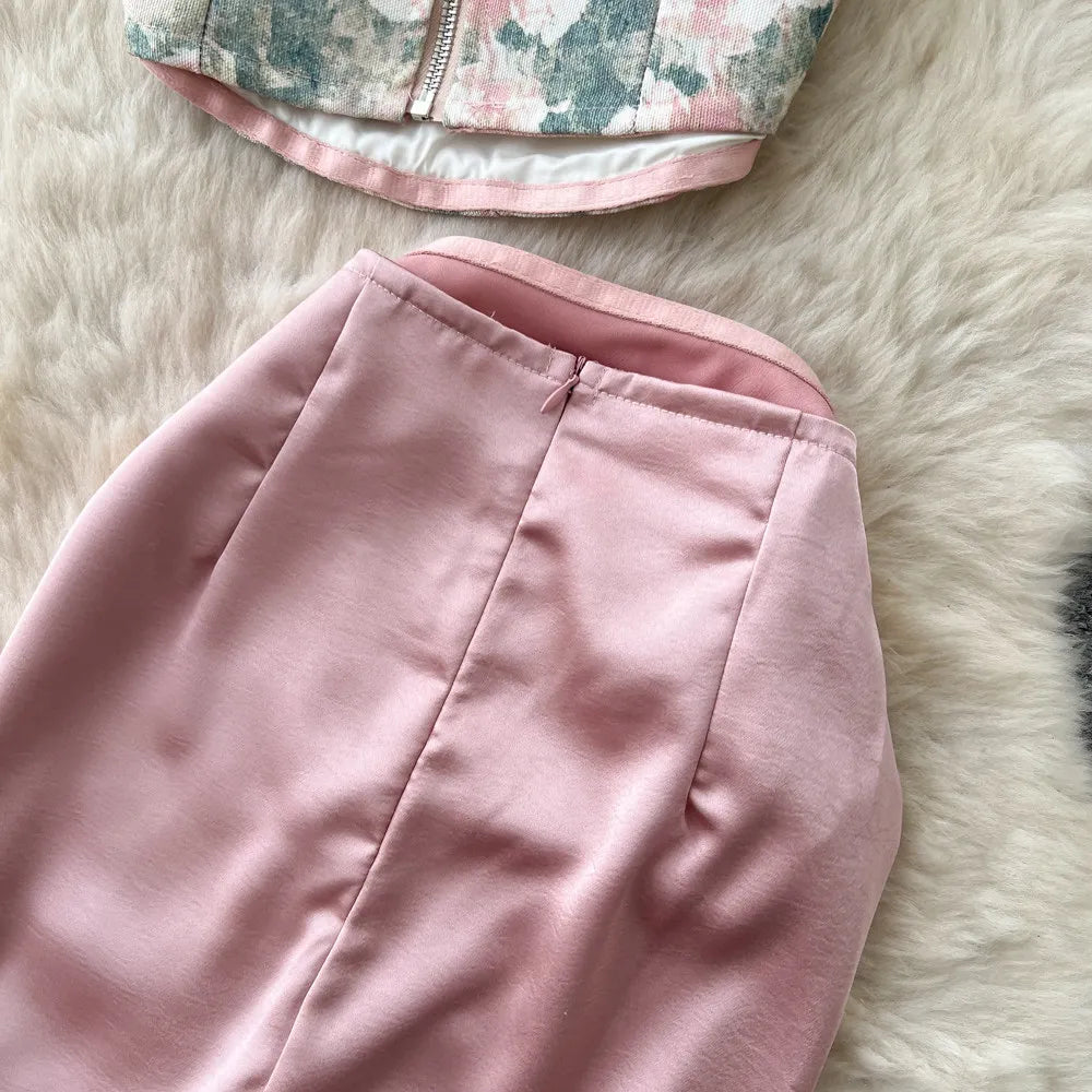 Bow Floral Satin Cami And Mermaid Skirt Set for Women