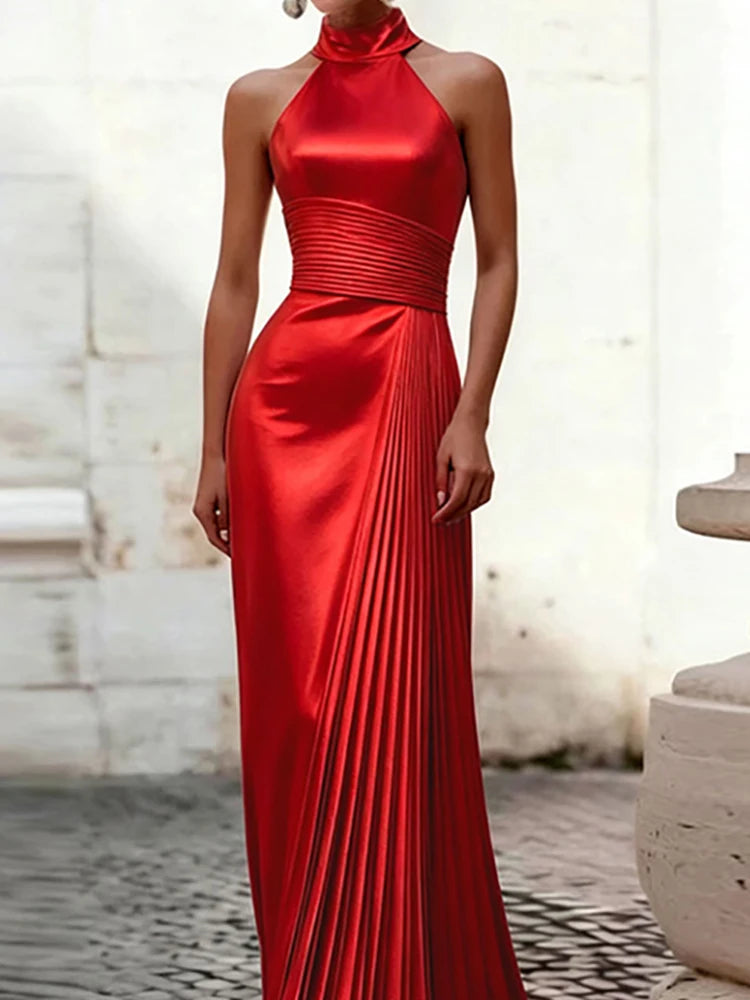 Elegant Halter Neck Pleated Backless Maxi Dress for Women