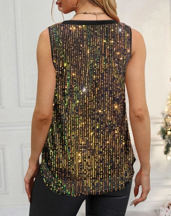 Tank Top Women Clothes Streetwear Fashion V-Neck Allover Sequin Thick Strap Sleeveless Casual Top New Y2K Vest 2025 Spring New