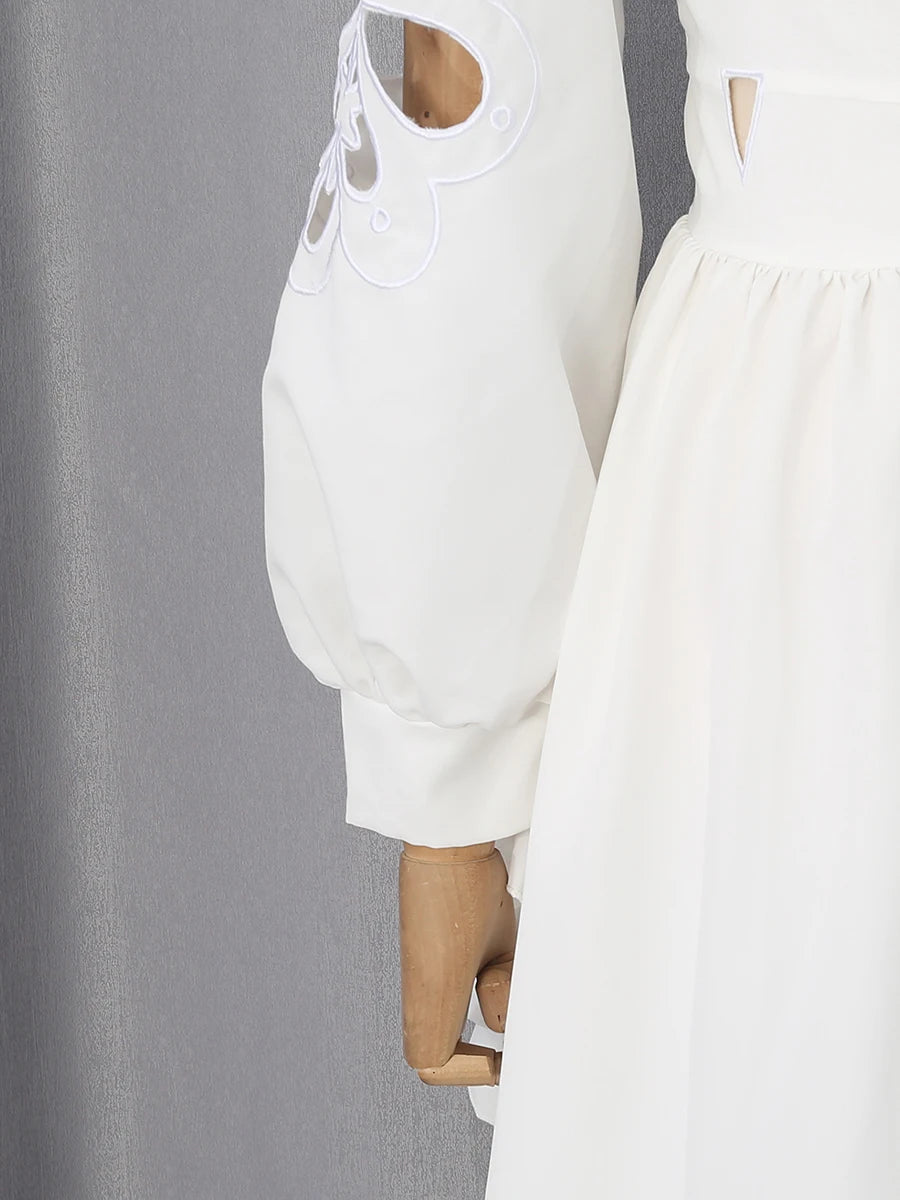 White Floral Cutout Puff Sleeve Gown With Asymmetric Train for Women