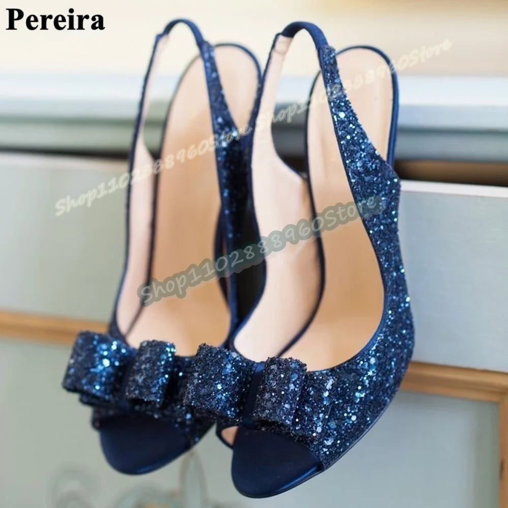 Bling Slingback Dark Blue Glitter Bowknot Sandals Thin High Heel Shoes For Women Back Strap Peep Toe Sparkling Banquet Sandals