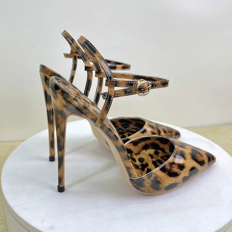 Leopard Buckle Strap Pointed High Heel Pumps for Women