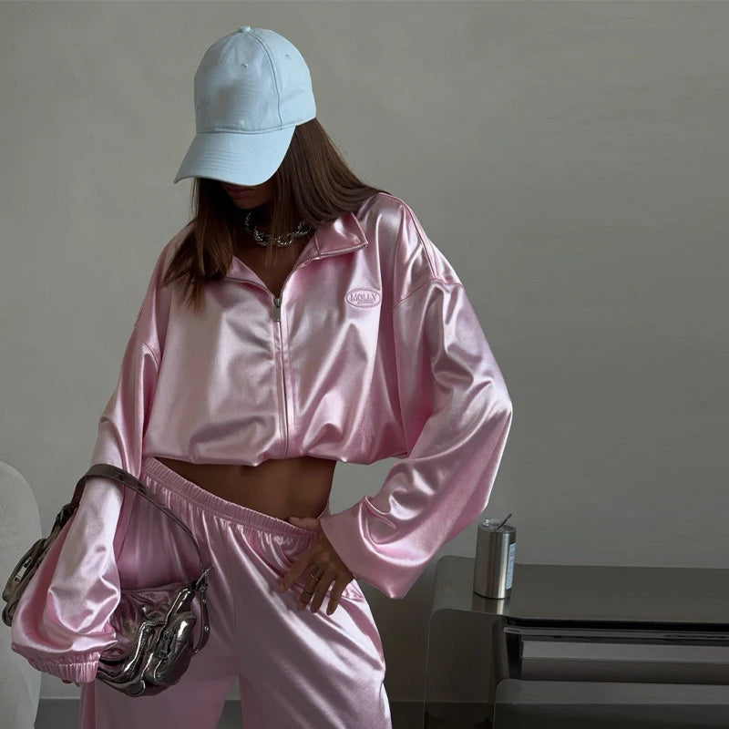 Loose Solid Satin Two Piece Pants Set With Zipper Jacket For Women