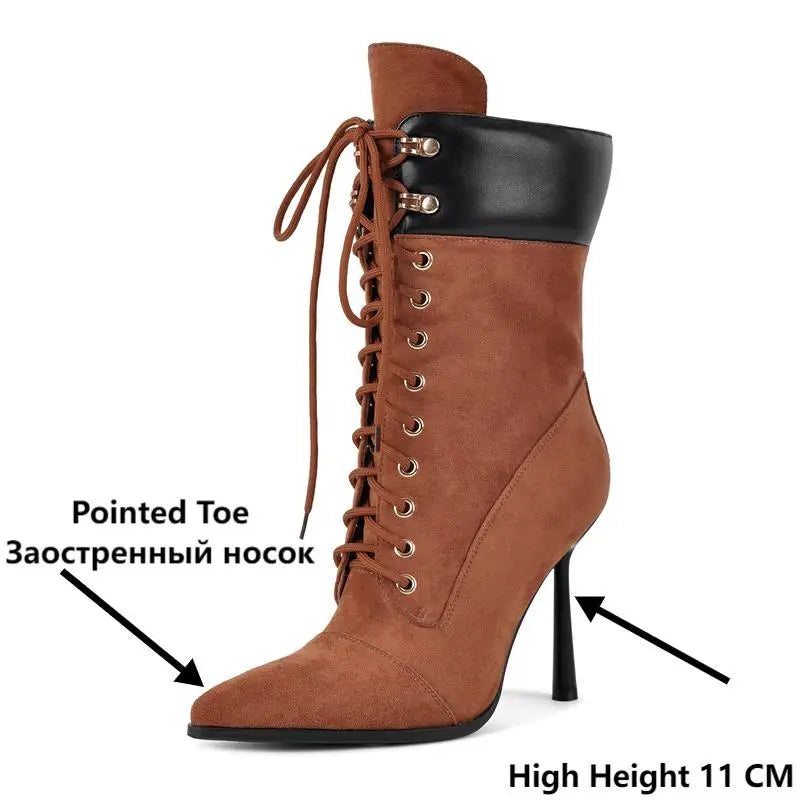 Pointed Toe Lace Up Stiletto Mid Calf Boots for Women