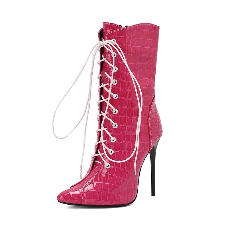 Alligator Pattern Lace Up Stiletto Ankle Boots for Women