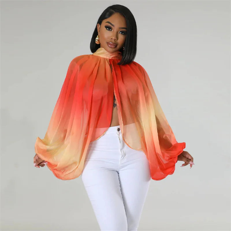 Printed Batwing Sleeve Chiffon Blouse With Sheer Front for Women
