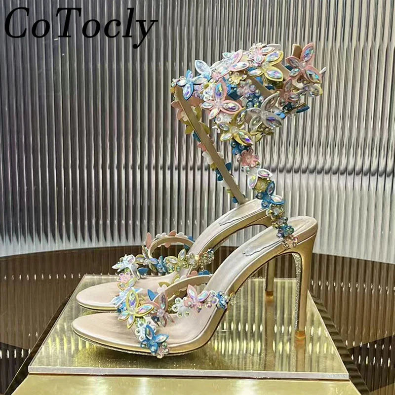 Crystal Strappy Wrap Ankle Stiletto Sandals for Women