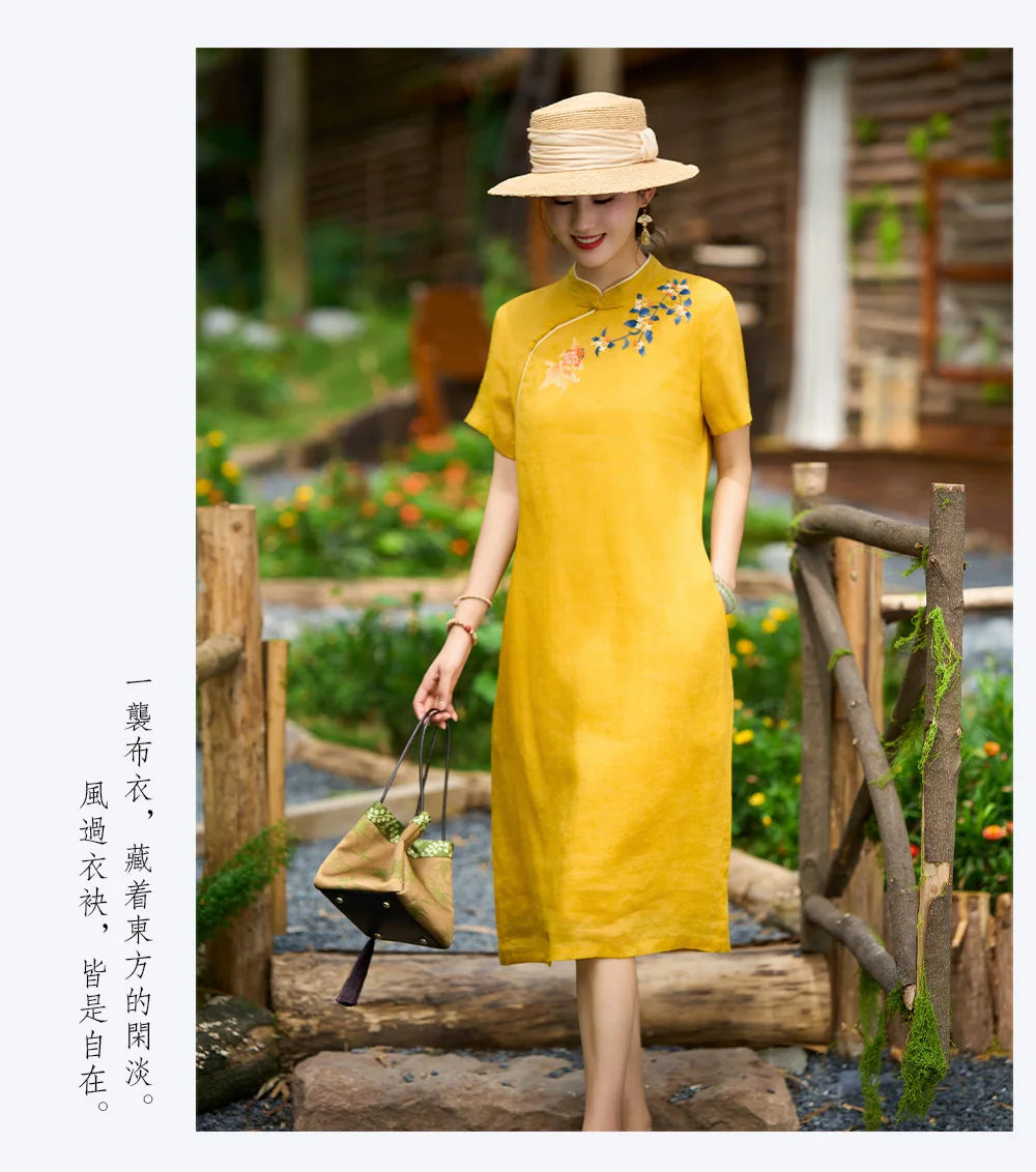Linen Mandarin Collar Embroidered Cheongsam Dress for Women