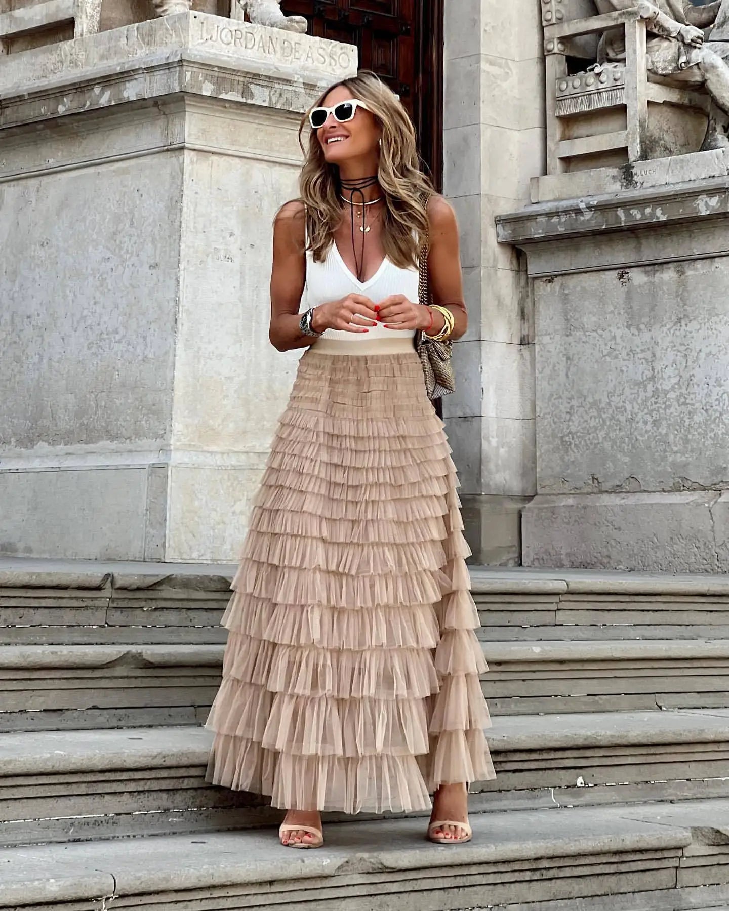HOUZHOU Solid Multilayer Ruffle Mesh Skirt Women Boho High Waist Long Maxi Tulle Skirt Spring Summer Party Women's Clothing