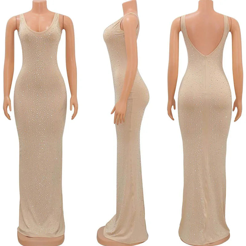 Sparkly Diamonds Rhinestone Bodycon Maxi Dresses for Women Wedding Evening Backless Night Party Club Celebrity Even Dresses Robe
