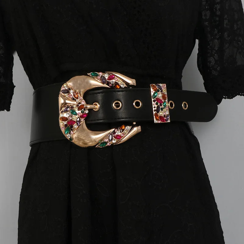 Elegant Rhinestone Wide Faux Leather Belt for Women