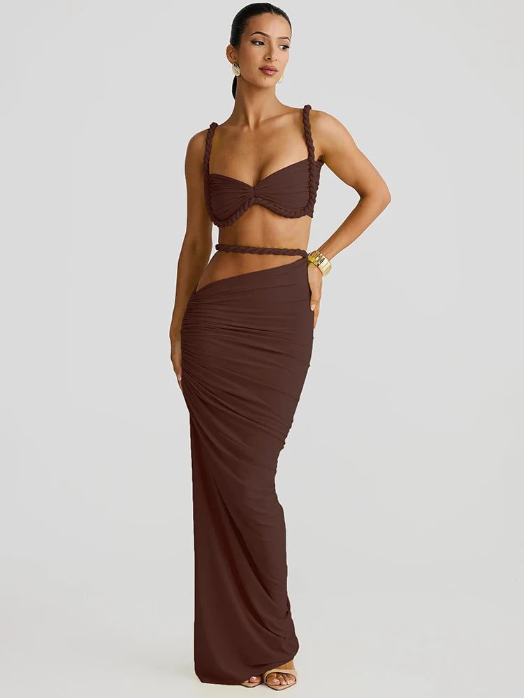 Woven Pleated Crop Top and Maxi Skirt Two Piece Set for Women
