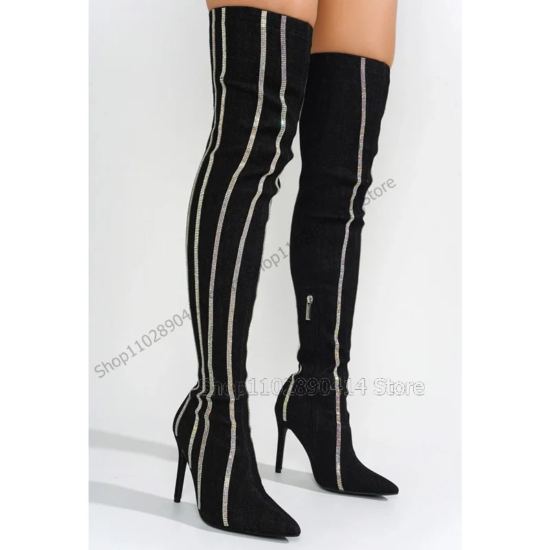 Crystal Striped Pointed Toe Side Zipper Boots for Women
