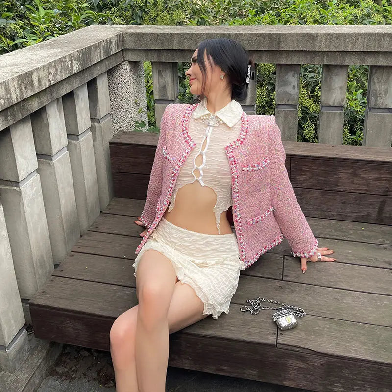 Elegant Pink Long Sleeve Jacket With Pockets for Women