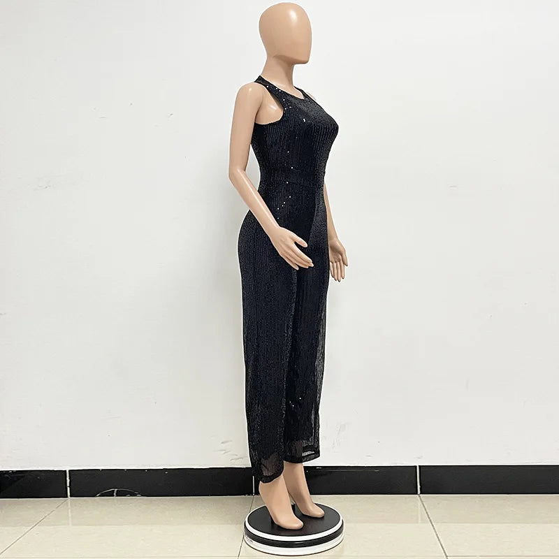 Elegant Silver Sequined Straight Cut Jumpsuit for Women